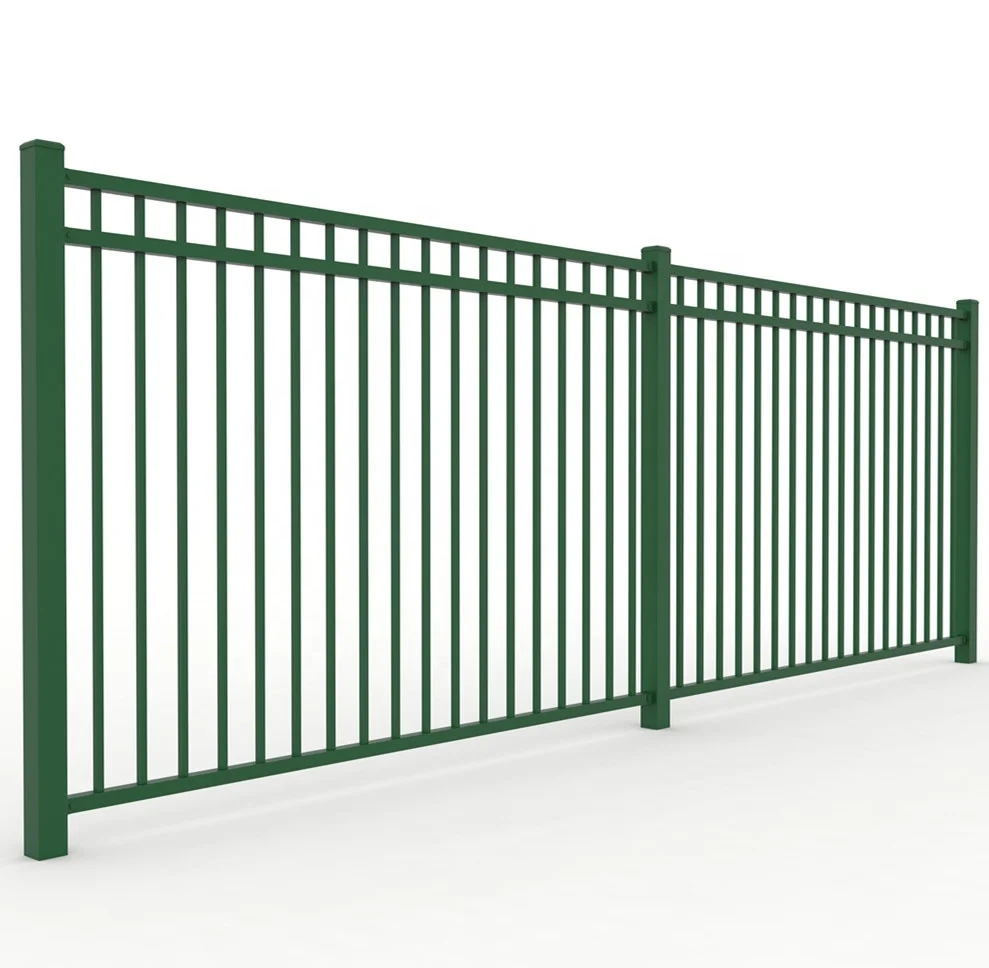 8feet three horizontal rails flat top steel fence panels with powder coated green color