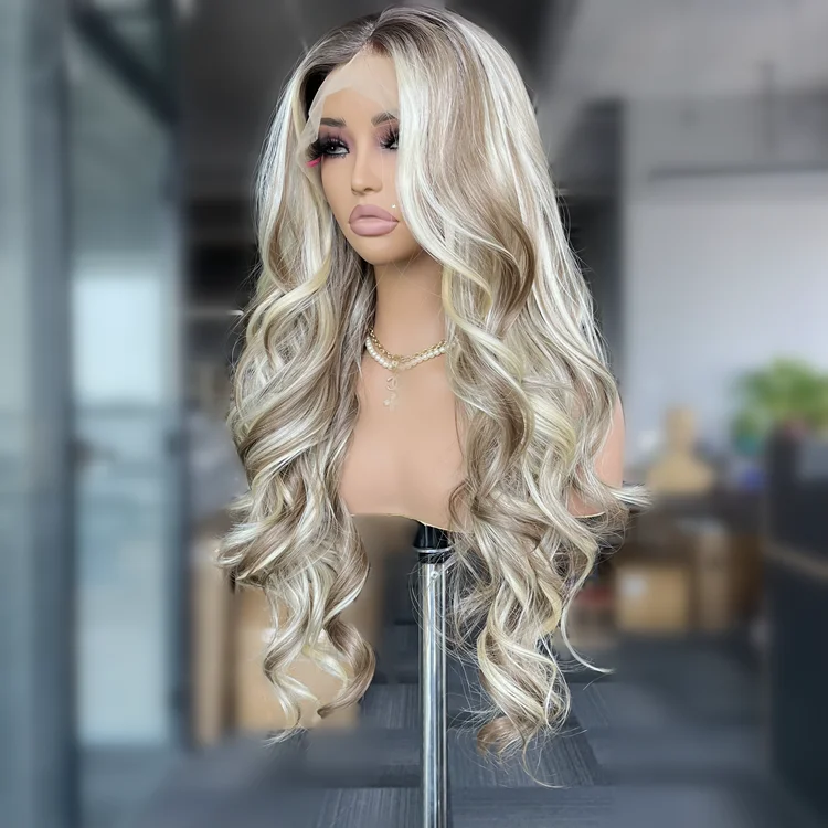 Long blonde wig Wave 13x4 heat resistant synthetic lace front wig curtain fringe