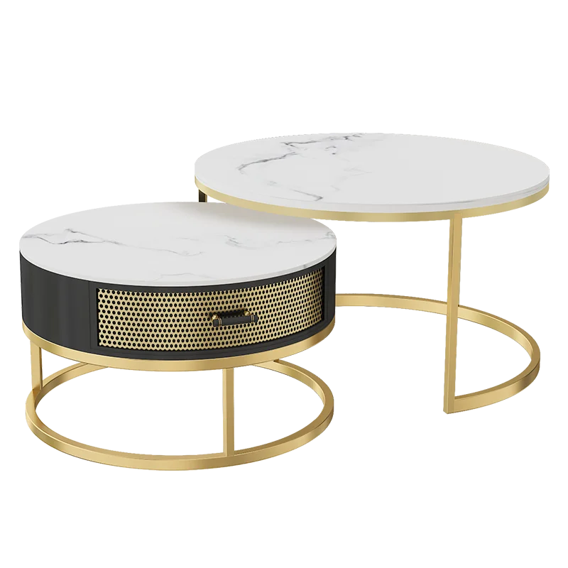 JIUHE Nordic Home Luxury 2 in 1 Drawer Coffee Table Metal Base Round Nesting Living Room Coffee Table Combination