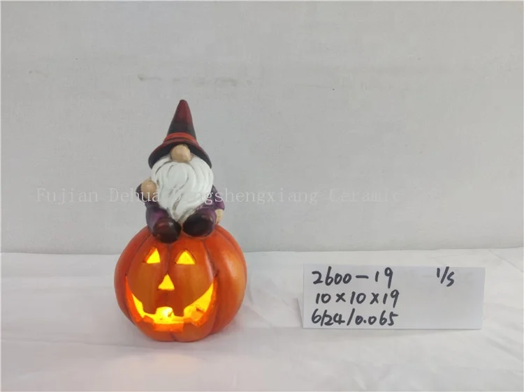 Party Decoration LED light Ceramic Halloween gnome with pumpkin Tealight Holder