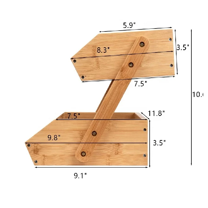 Vegetable Storage Stand for Fruit Shop Kitchen Counter 2-Tier Fruit Bowl Bamboo Fruit Basket