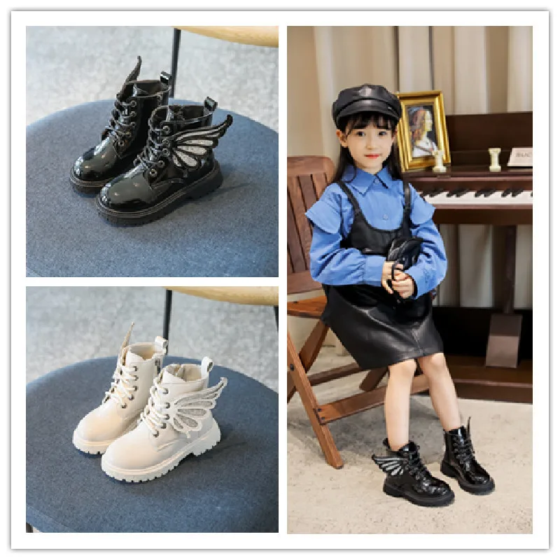 Children Shoes Fashion Black Patent Leather Toddler Girls Kids Wing Boots