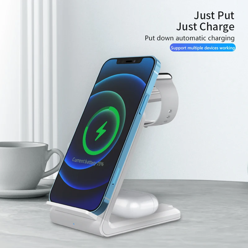 Multifunctional 3 in 1 Safe Wireless Charger 5/7.5/10/15w Phone Watch Earbuds Stand Portable Vertical Cell Phone for Iphone