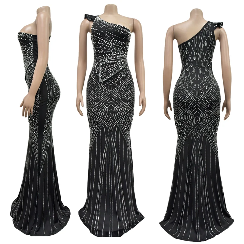 C6818 Trendy Club Dresses Women Solid Color Rhinestone Diagonal Neck Long Dress Women Party Gowns For Women Evening Dresses