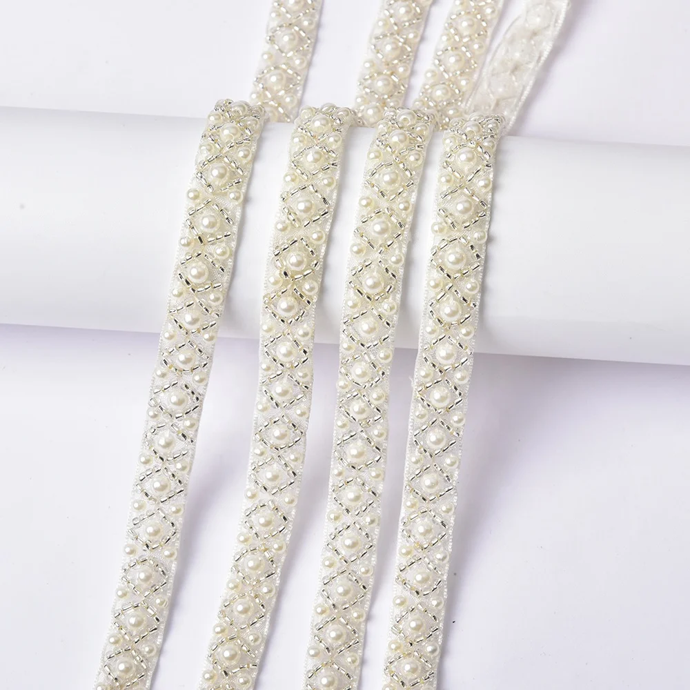 Fashion Rhinestone Pearls Beaded Fabric Lace Trimming Sew on Ribbon for Garment