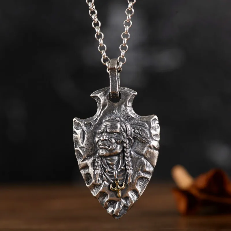S925 Thai Silver Vintage Indian Eagle Shield Tribal Legend Old Chief Men Pendant Domineering Personality