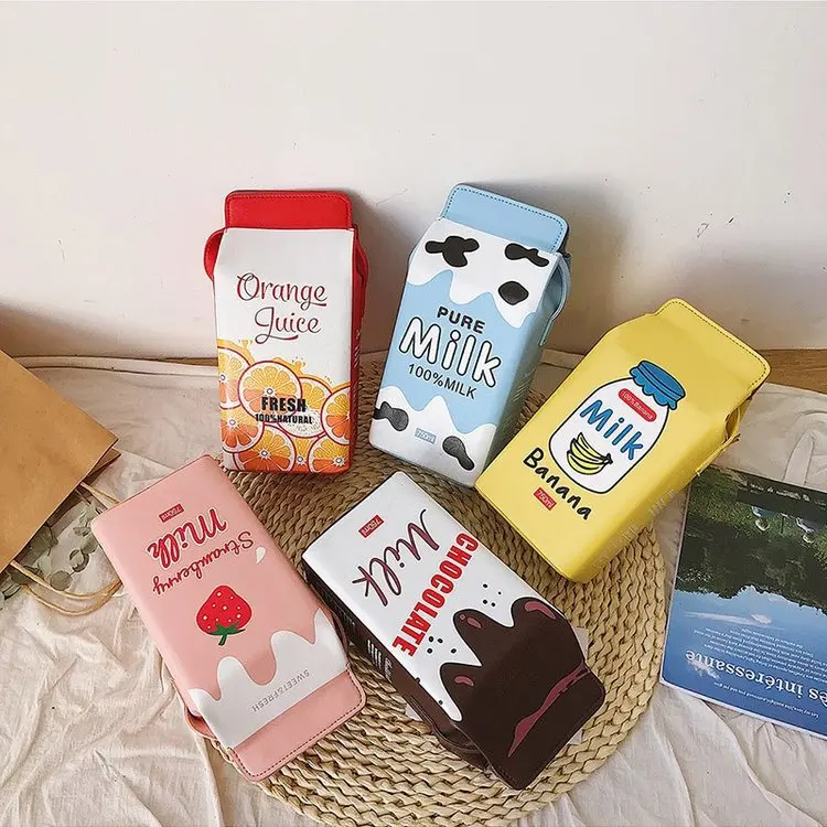 Female Drink Box Bag Women Shoulder Bags Lovely Milk Cartoon Printing Cute Pink Purse Funny Bag