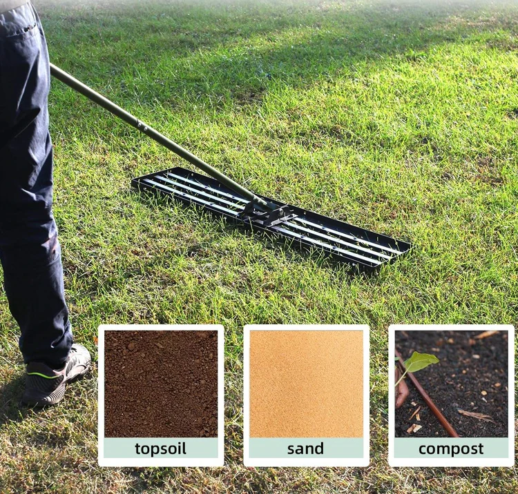 Heavy duty garden stainless steel head adjustable lawn leveler rake tool soil lawn leveling rake for garden yard