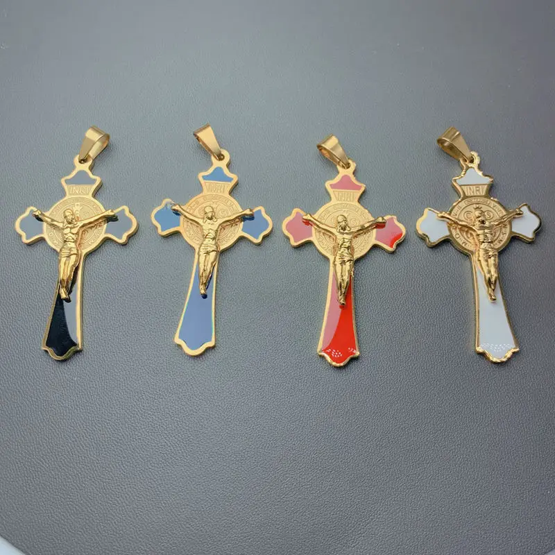 Large Stainless Steel Enamel Cross Jesus Pendants Women Saint Benedict Charms For Jewelry Making Female Men Necklace