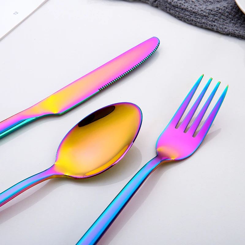 Wholesale Colorful Iridescent Spoon Fork Knife Set Stainless Steel Eco-friendly Cutlery With Ice scoop spoon
