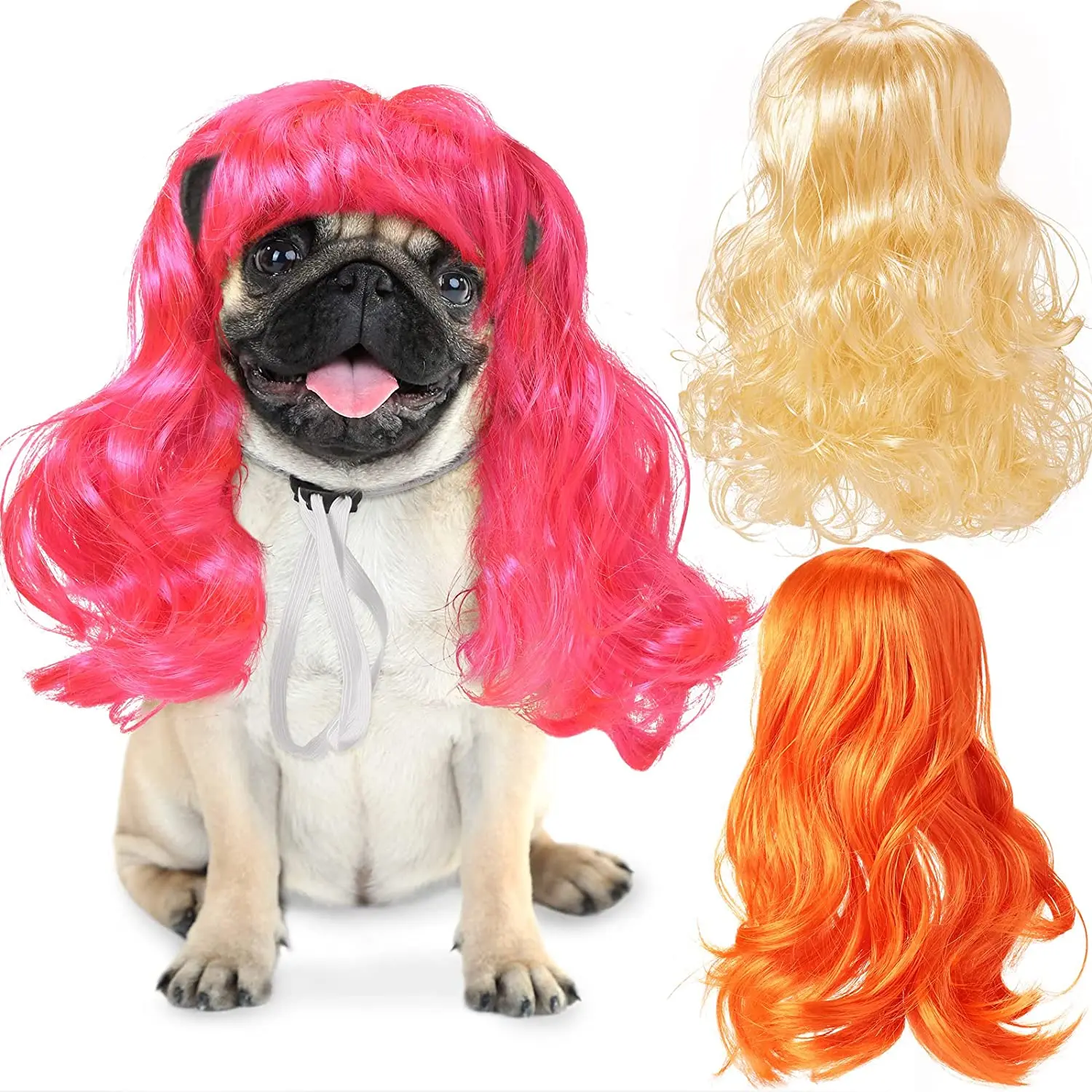 3 Pieces Pet Wigs Cats Funny Cosplay Pet Pink Orange Gold with Adjustable Elastic Bands for Pet Dog Cat Holiday Party Cosplay