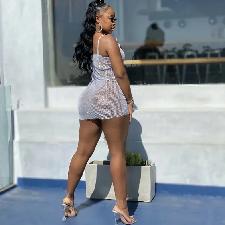 K21D11323 2022 Spring Summer Women Dresses Women New Nightclub Fashion Low-cut Sling Diamond Mesh Sexy Bag Hip Dress