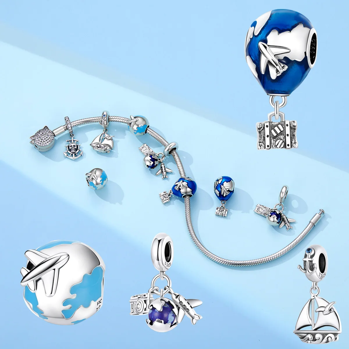 925 Sterling Silver Snake Chain Moments Bracelet Pendant Charms Enameled Traveling Collection  Fit Charm