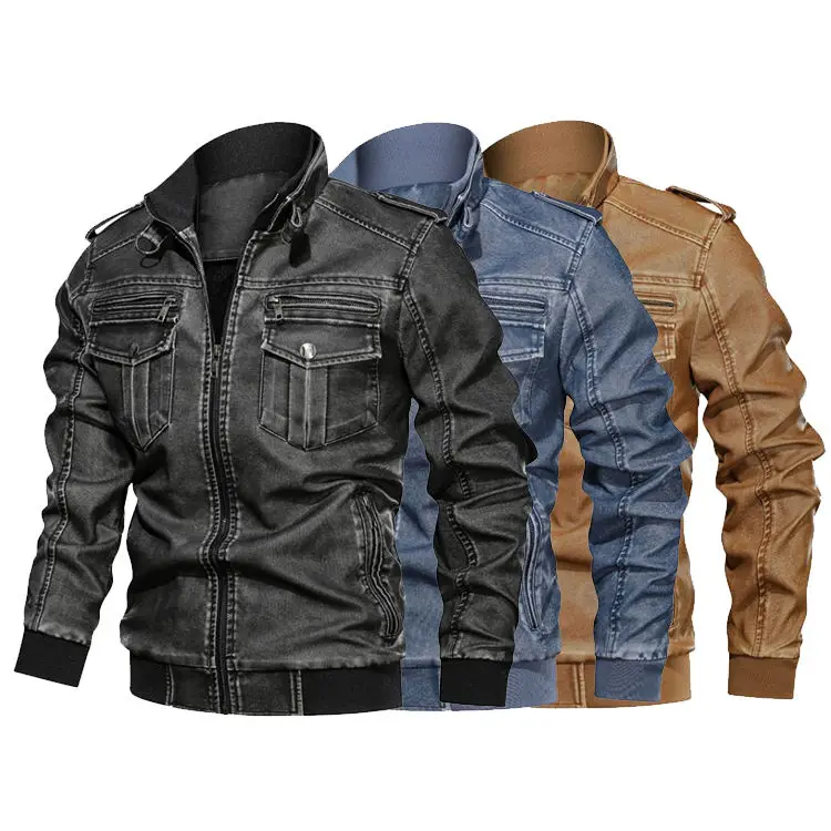 Retro Casual Over Size Pu Leather Khaki Bomber Cargo Flight MotoRcycle Jackets For Mens