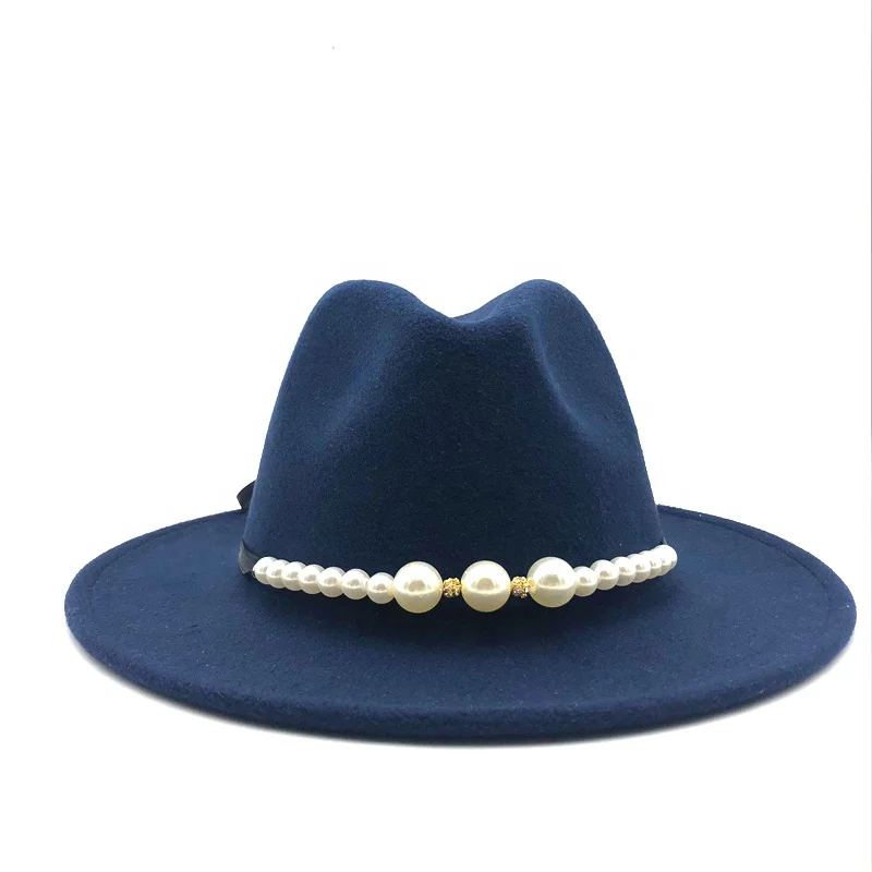 New Felt Hat Women Fedora Hats with Pearls Belt Caps 100% Wool Custom Logo Custom Color 100%cotton Tactical Cap