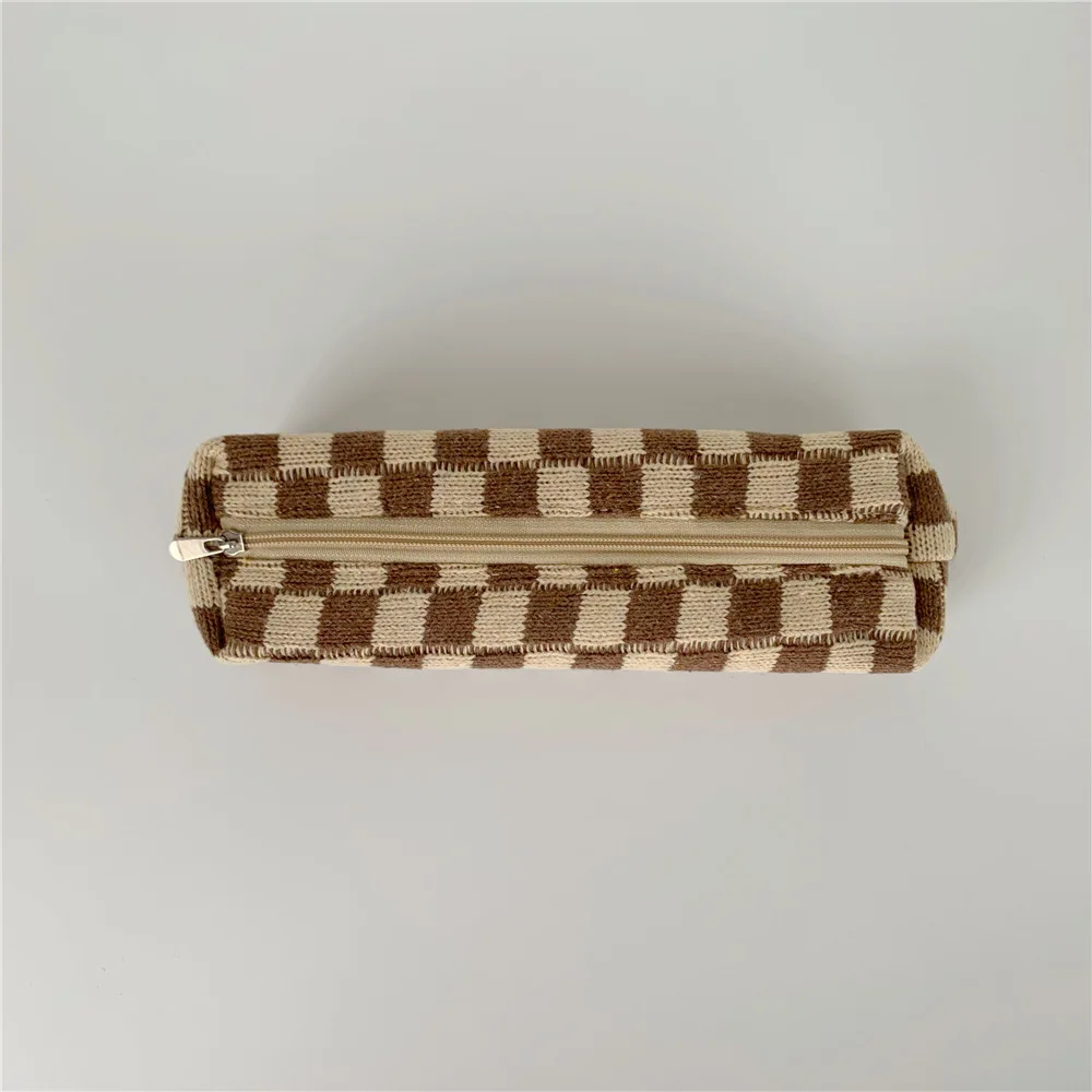 Student Checkered pen Bag College girls Pencil Case Cute plaid Square Shape Knitted Pencil Bags Tube Pencil Case Stationery Bag