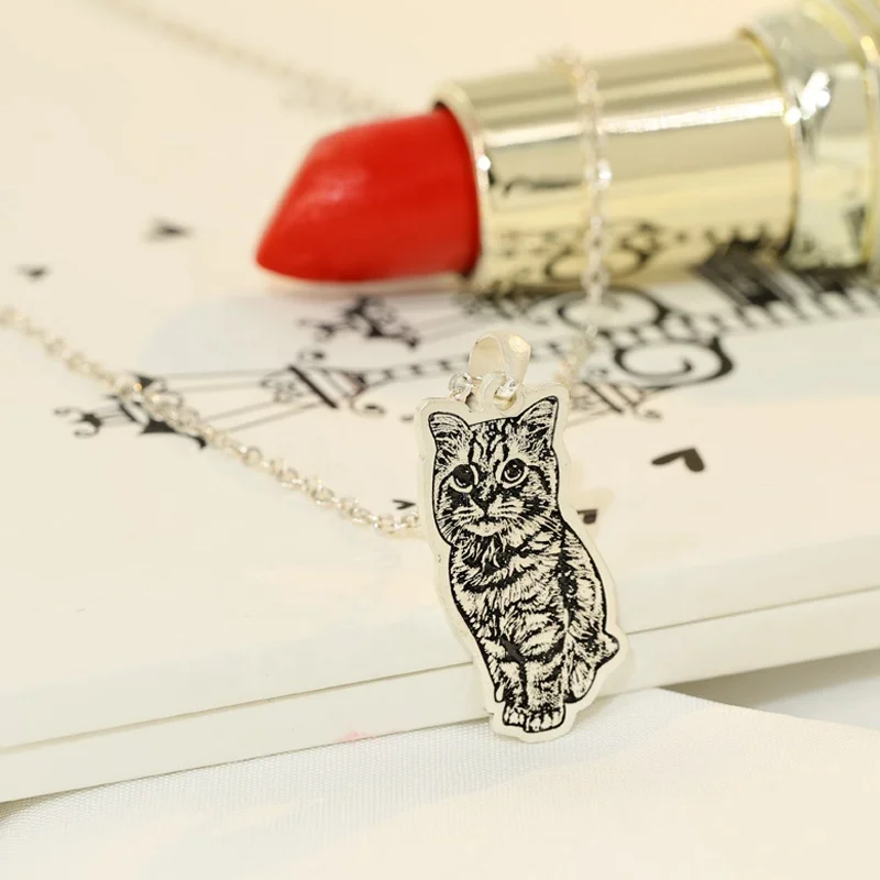 925 Silver Pets Portrait Necklace Personalized Memorial Gifts Custom Cat Dog Animal Photos Pictures Engraved Jewelry Necklaces
