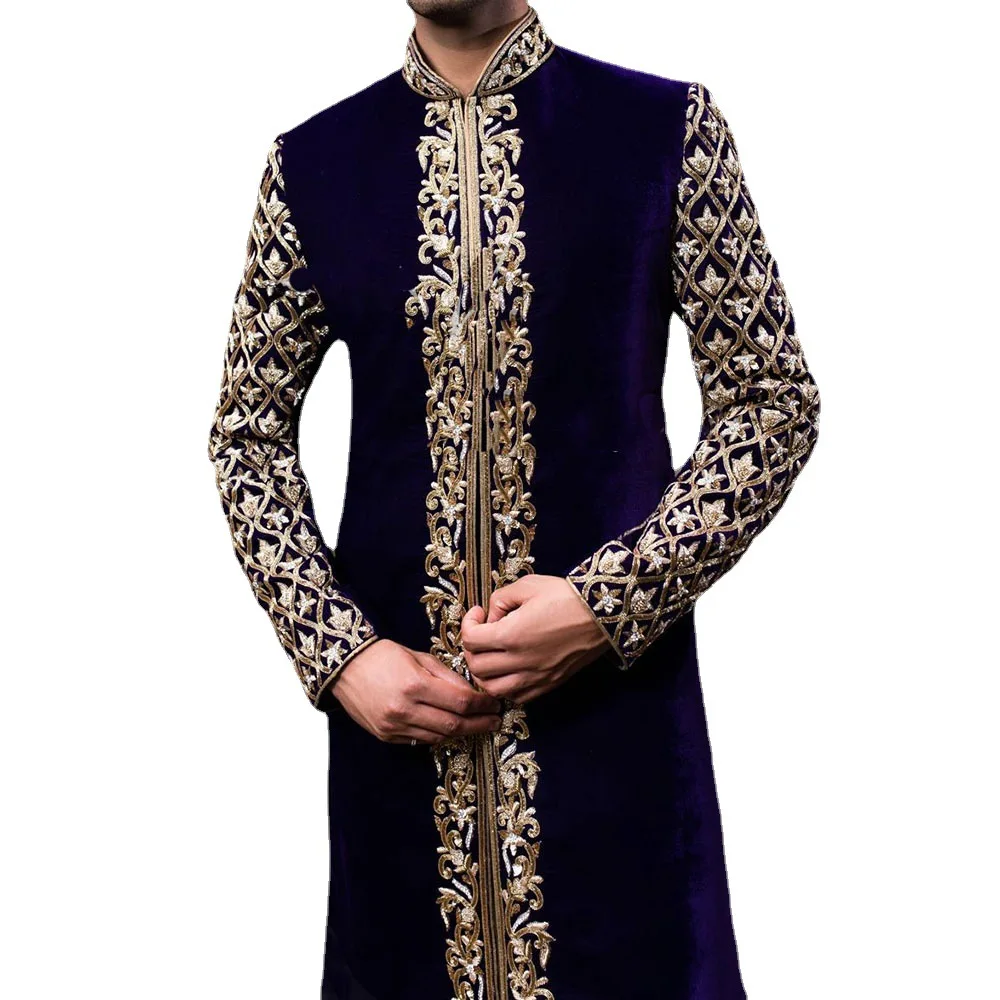 Ethnic Style Print Stand Collar Youth Middle-Long Shirt Coat Arabic Muslim Men Clothing Turkish Store Clothes Men Muslim Fashion