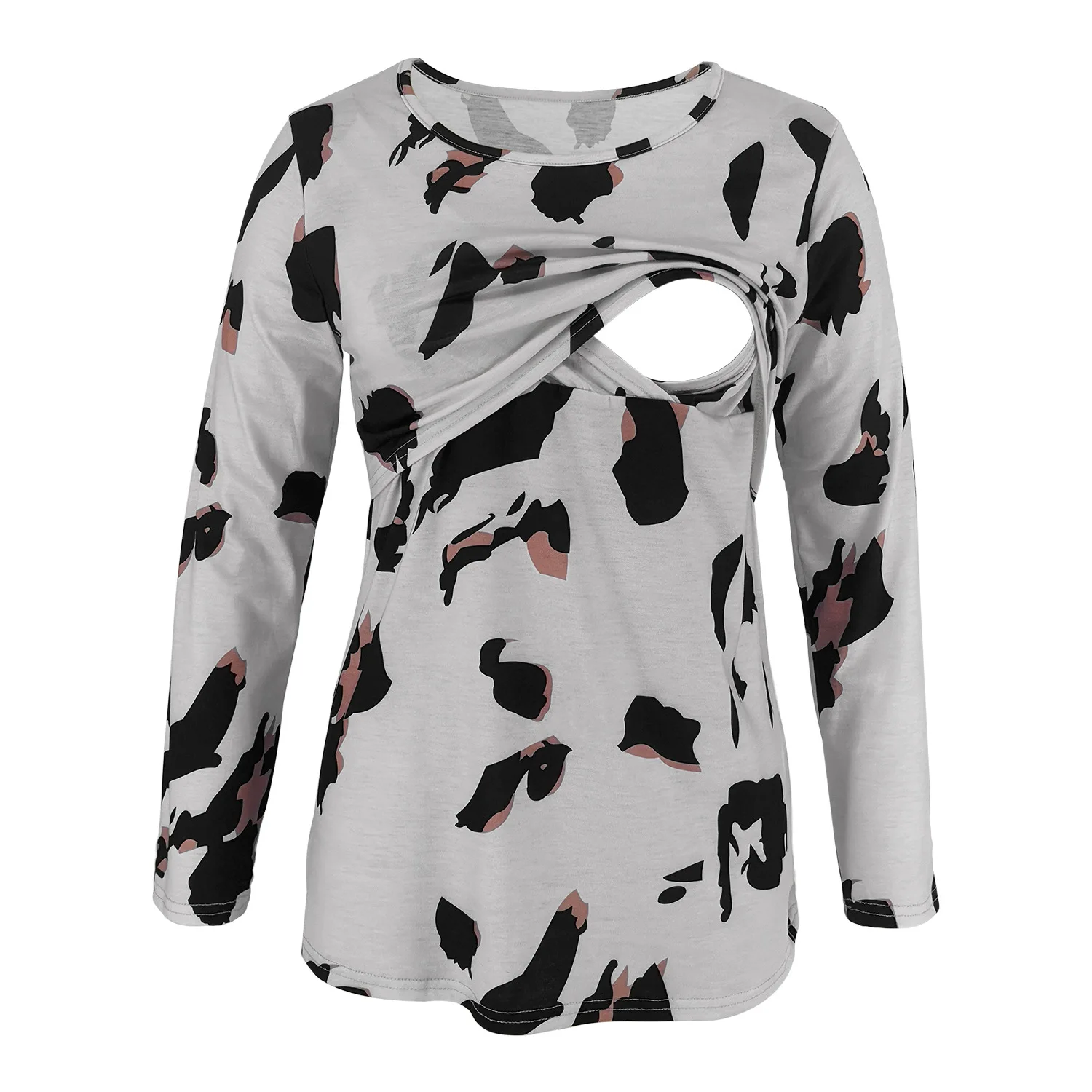 Womens round neck long Sleeve floral leopard print Layered Maternity clothes Breastfeeding tee shirt Nursing Tunic Tops