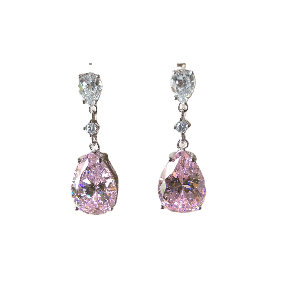 YANYI 925 Sterling Silver Simple Inlaid Pink Water Drop High Carbon Diamond Earrings Selling Jewelry