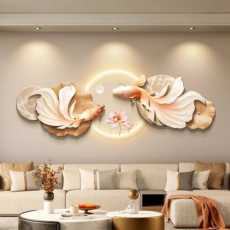 Modern simple style Living room decoration with Led lotus and lucky koi fish crystal porcelain surface wall decor