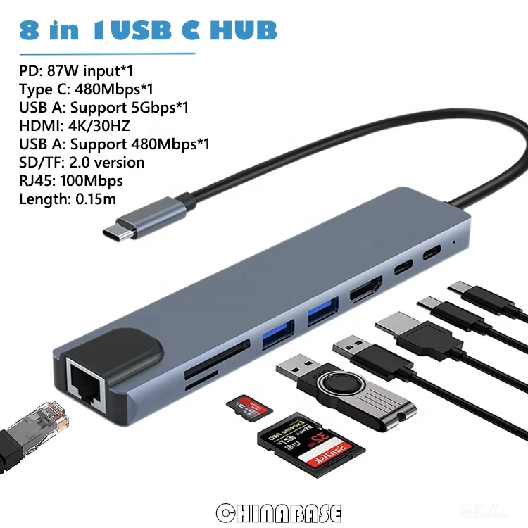 High quality 8 in 1 Type-C Hub Multiport Dock Station with 4K HDMI USB3.0 RJ45 SDTF USB-C PD Charging Adapter 8 ports USB C Hubs