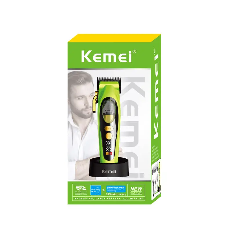 Kemei KM-2035 Hair Clipper Barber Professional Cordless Hair Trimmers 9000 RPM Magnetic Motor Hair Cutting Machine With Base