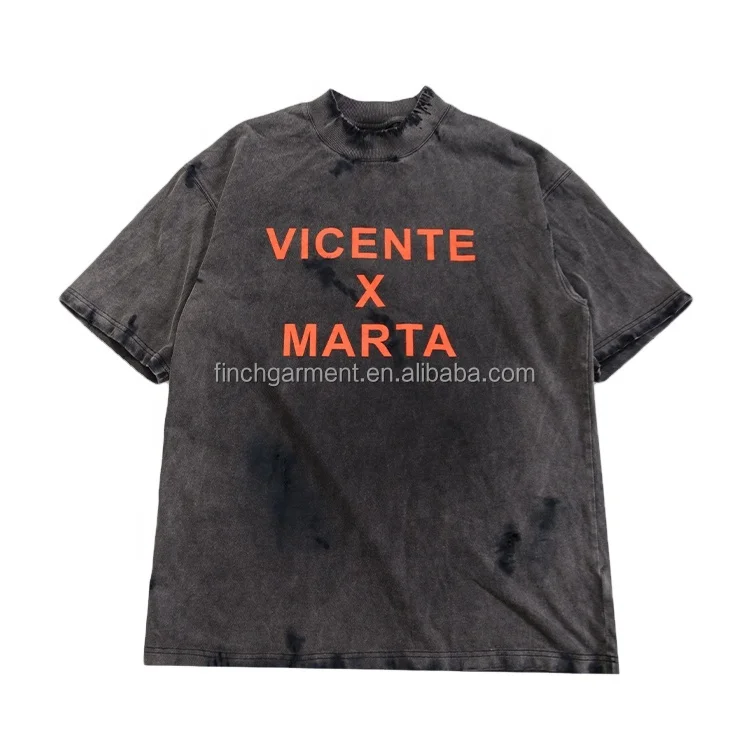 Finch Garment Custom logo Acid Wash Retro Color Heavy Weight 100% Cotton Distressed Gray Wash T Shirt Men