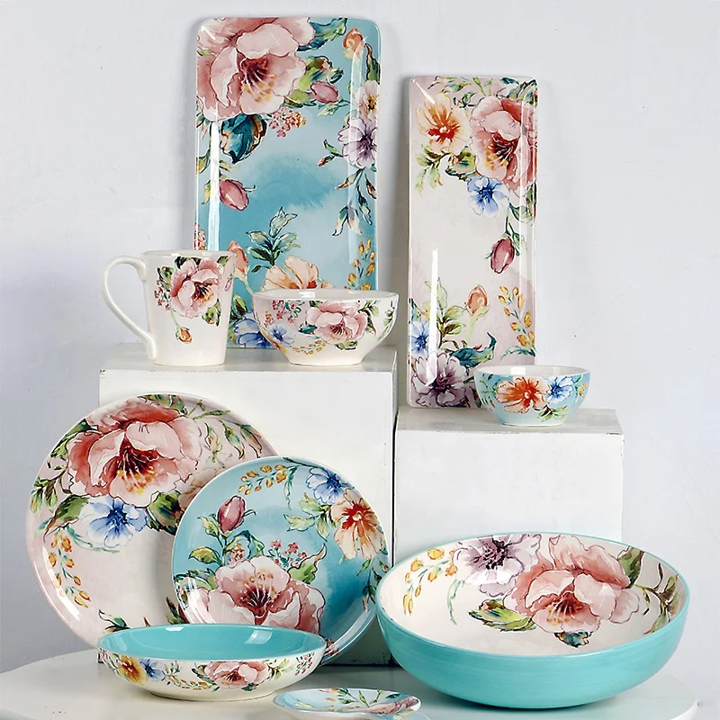Hot Selling French Hand-painted Dining Room Set Home Decors Ceramic Dinner Tableware Set Porcelain Tableware Round Bohemian