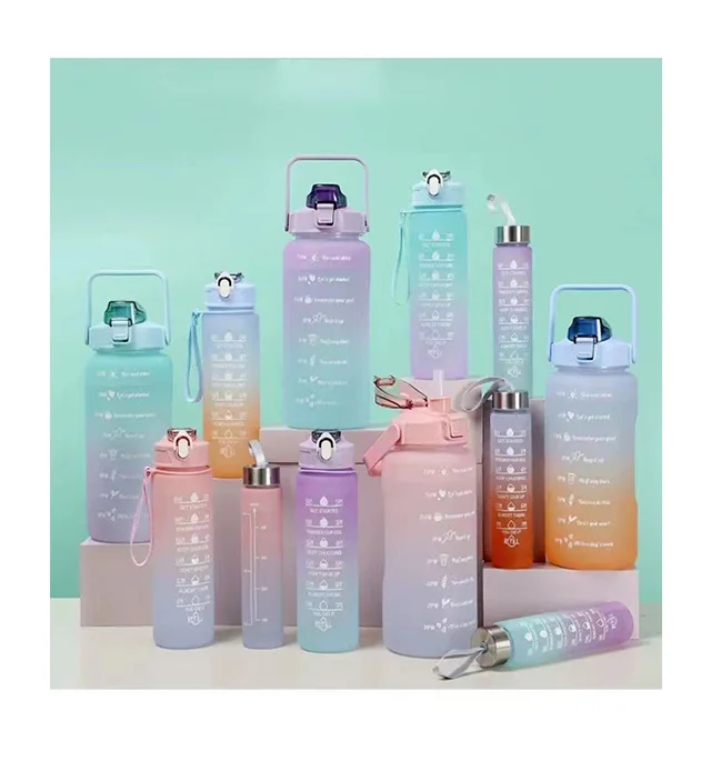 3 Pcs In 1 Set 2L 64oz Drinking Plastic Sport With Straw And Handgrip BPA Free Gym Fitness Motivational Water Bottles