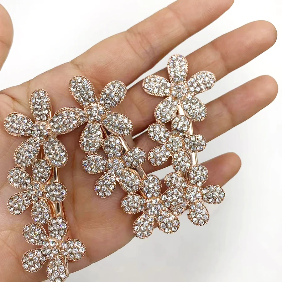 Hot Fashion Rose Gold Zinc Alloy Hair Clip Rhinestone Glass Stone Side Clip Flower Hair Clip Accessories