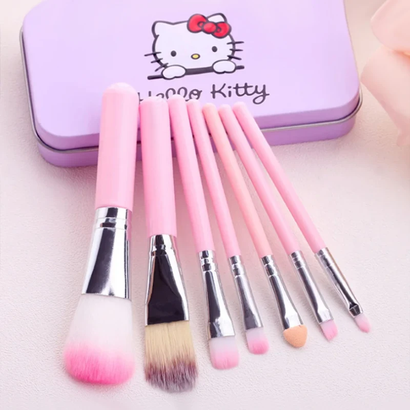7 pcs in box hello kitty small makeup brushes with case travel size portable black powder foundation eye brushes set for make up