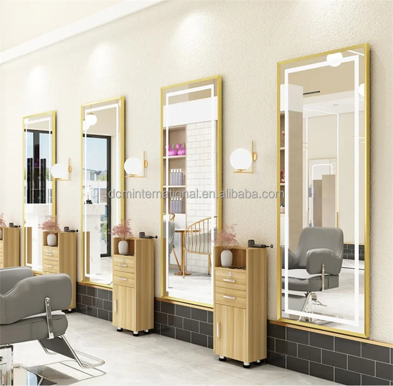 Luxury wall mounted single sided salon mirror station with led light barbershop mirror station