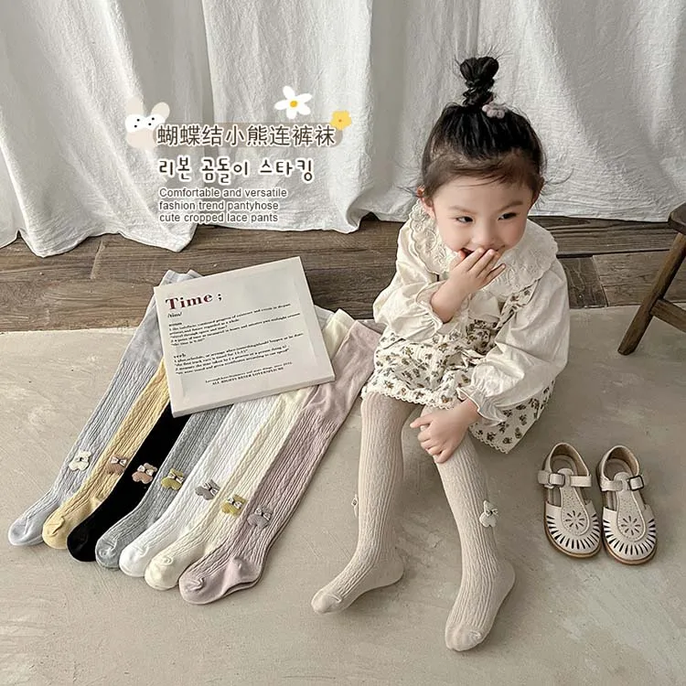 HY-1743 Ready to ship Korea style Solid color Pantyhose Infant Cartoon Bear Cotton Toddler Girl Kids Children Baby Tights