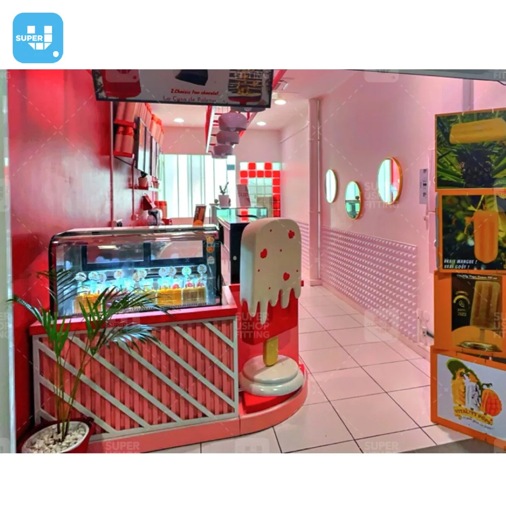 Custom Sweets Shop Interior Design Confectionery Display Decoration Pink Ice Cream Glass Shop Showcase