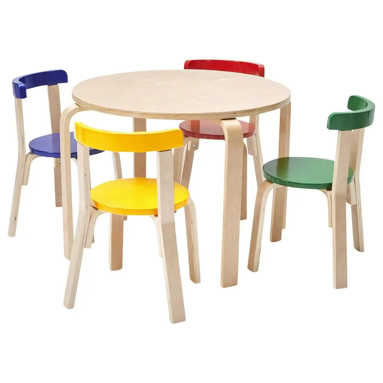 Factory Wholesale Customized Durable Minimalist Birch Plywood Child-size Furniture Kids Table and Chair with Curved Back Bar