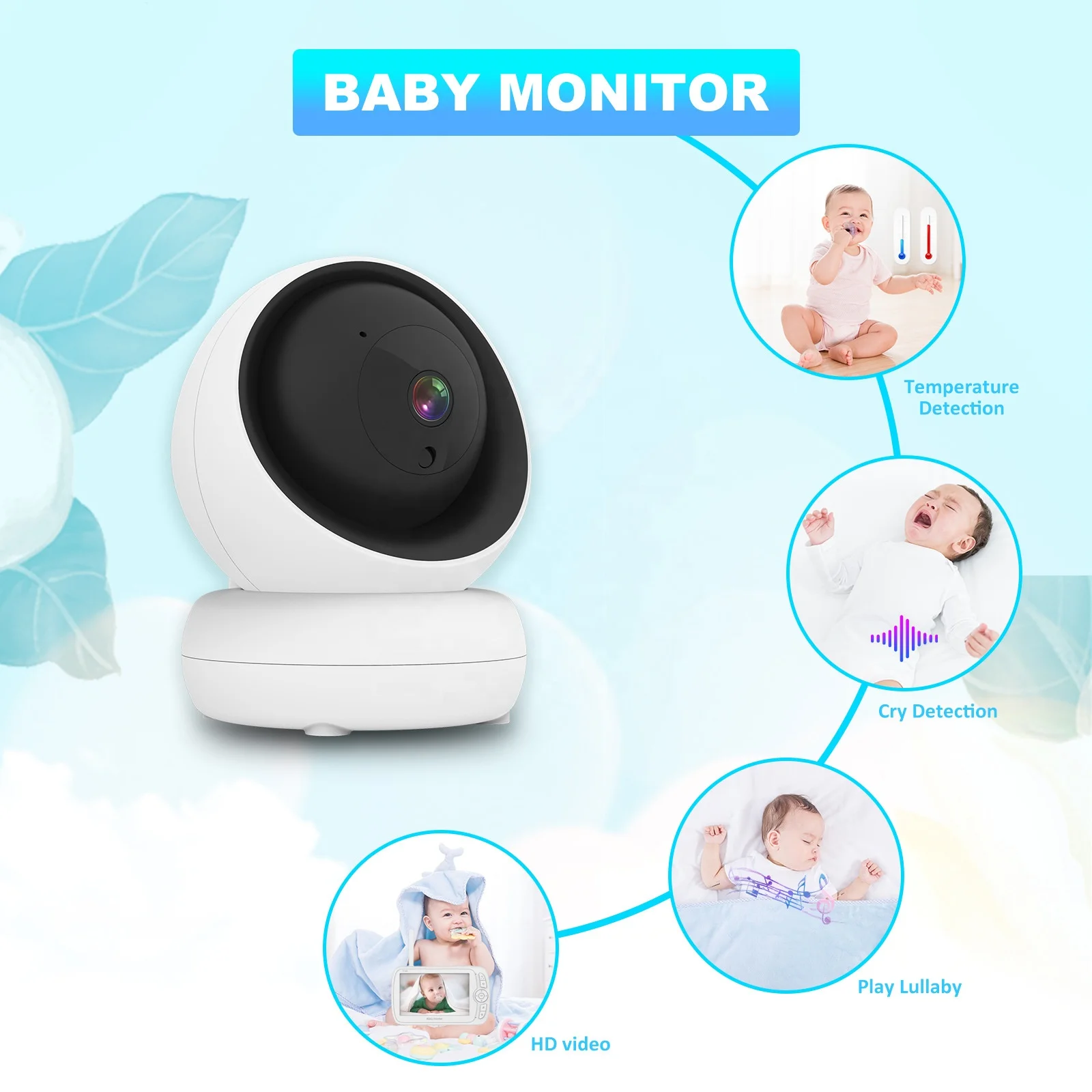 Wireless 1080P smart audio video night vision camera 5inch baby monitor with screen