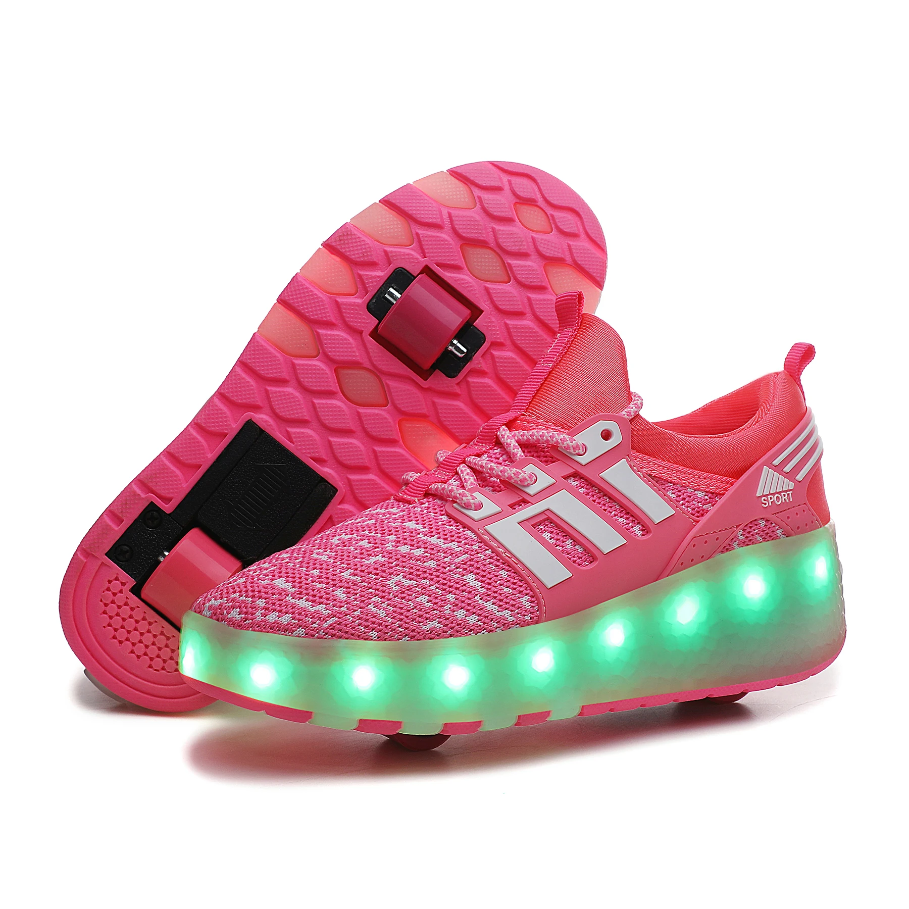 Wholesales Kids Roller Skating Shoes Adjustable Flashing Roller Shoes Two Wheel Led Light Flying Sneakers Led Light Sneakers