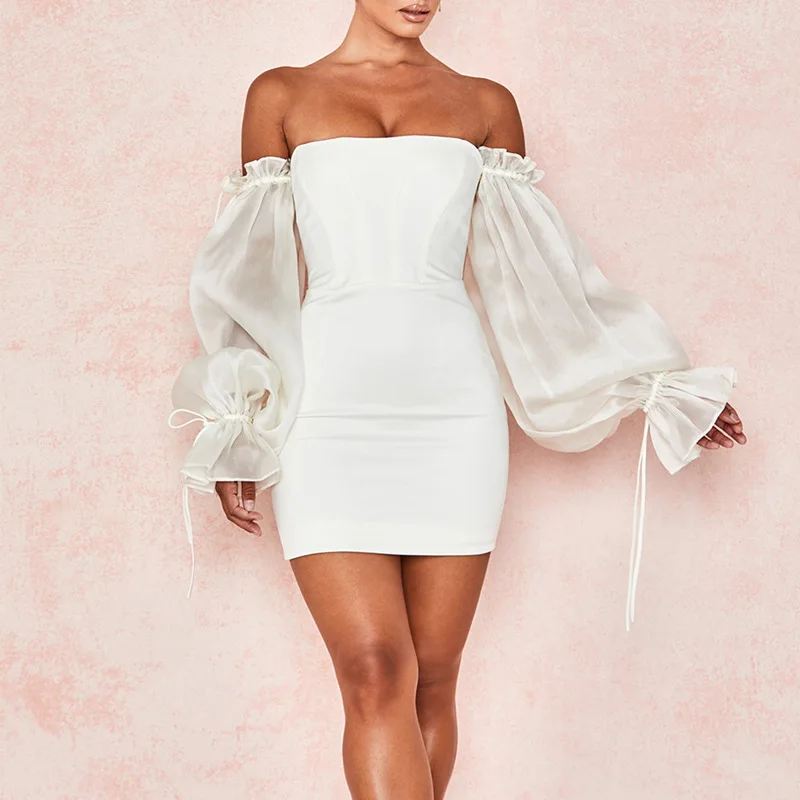 fall fashion women 2020 sexy strapless one-word neck big lantern sleeve long sleeve tube top dress