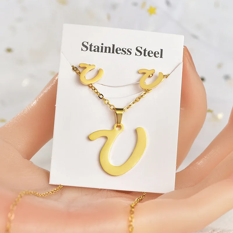 Indian African Dubai Gold Plated Stainless Steel Letter Kolye Earring Jewelry Set