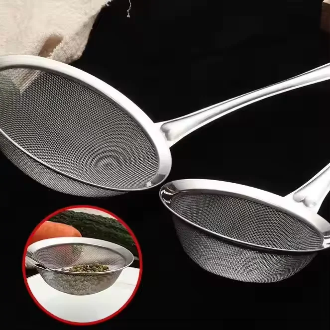 home and kitchen factory custom Soybean Milk Skimmer Tea Sieve Red PP Handle Stainless Steel Strainer