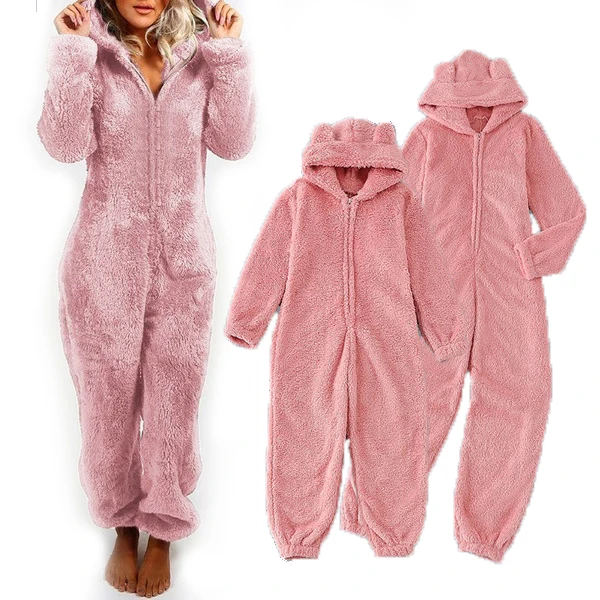 Family Matching Design Zipper Onesie Jumpsuit Hooded Nightwear Women Coral Fleece Sleepwear Pajamas for Mom and Kids