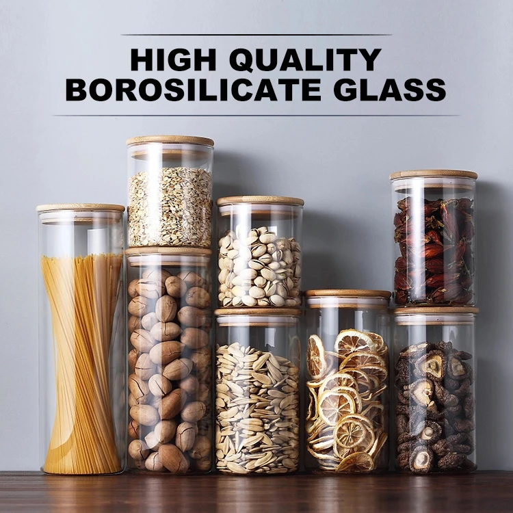 High Borosilicate Refrigerator Use Glass Spice Jar Glass Food Storage Jar With Wood Lid Bamboo Lid