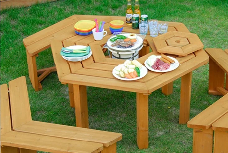 
4pcs hexagon wooden outdoor patio dinning set 1 table 3 seat for garden 
