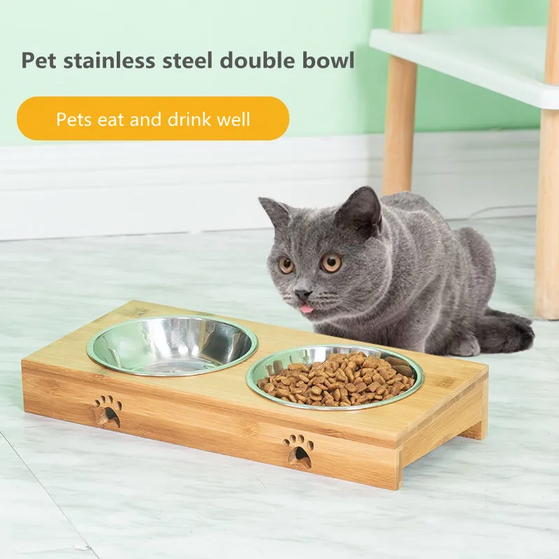 Factory Wholesale Safety And Health Bamboo Pet Cat Double Bowl Ceramic Pet bowl