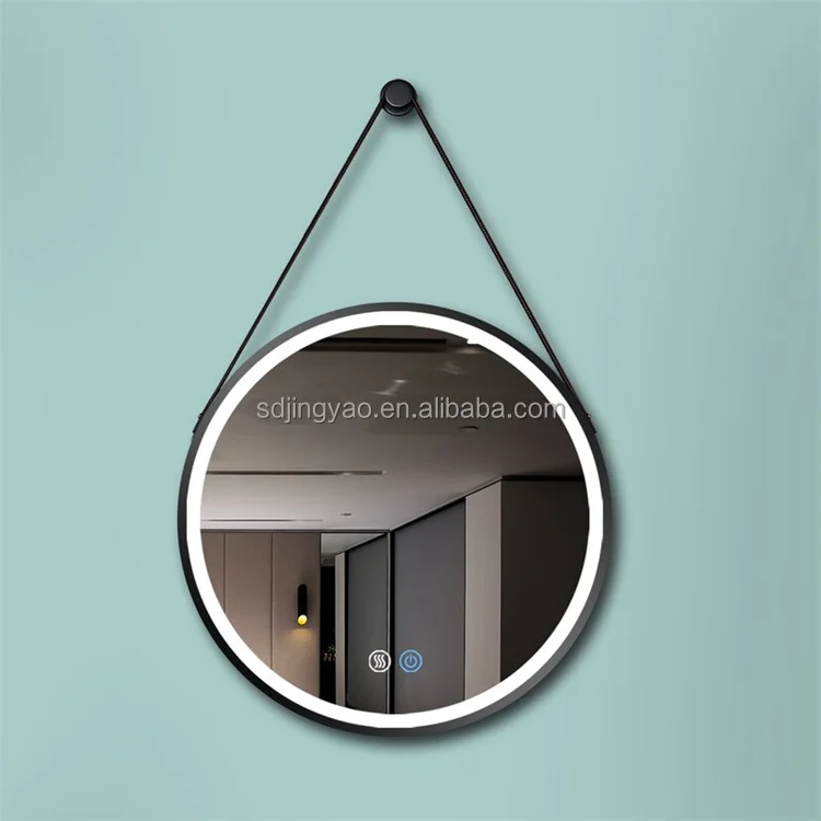 Nordic Style Round LED Metal Wall Hanging Mirror With Leather Strap, Home Decor Creative Black Chain LED light Wall Mount Mirror