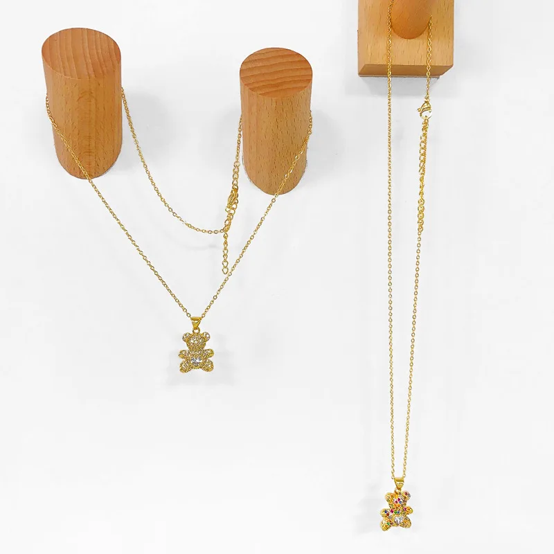18K Gold Plated Multi Color Cubic Zircon Crystal Cute Bear Pendant Chain Animal Necklace