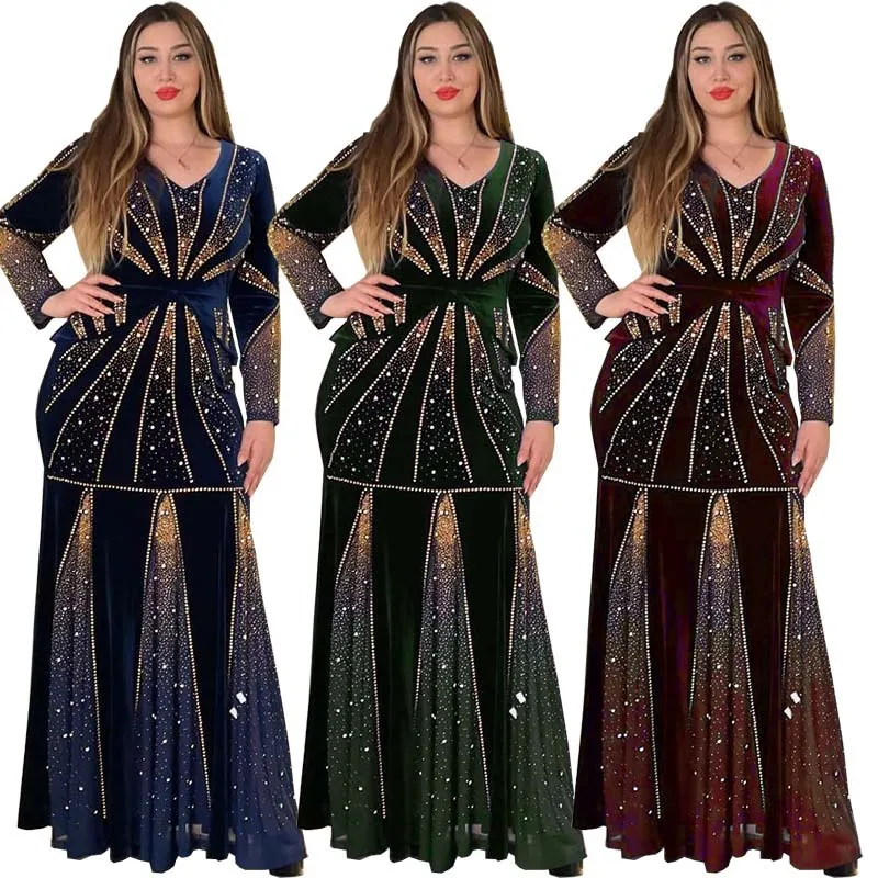 ZIYA A08S50 Rhinestone Velvet Fishtail Long Evening Party Dress With Sleeves