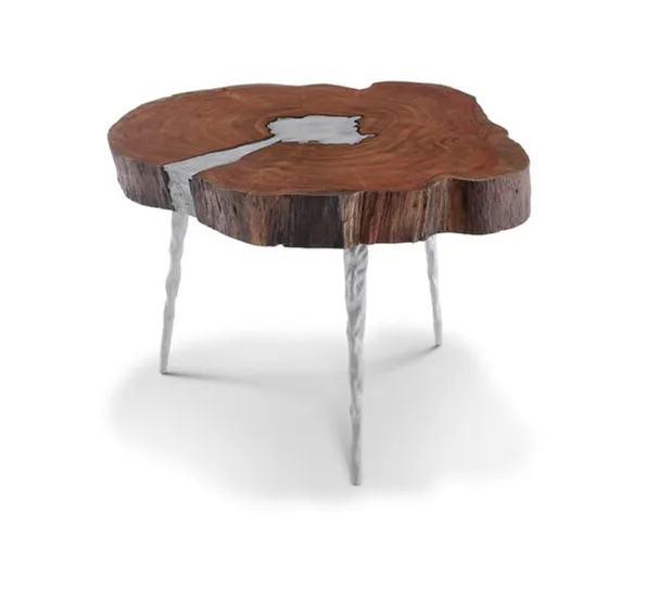 Modern simple tripod metal inlaid wood brown coffee table, placed in the living room and study more practical.