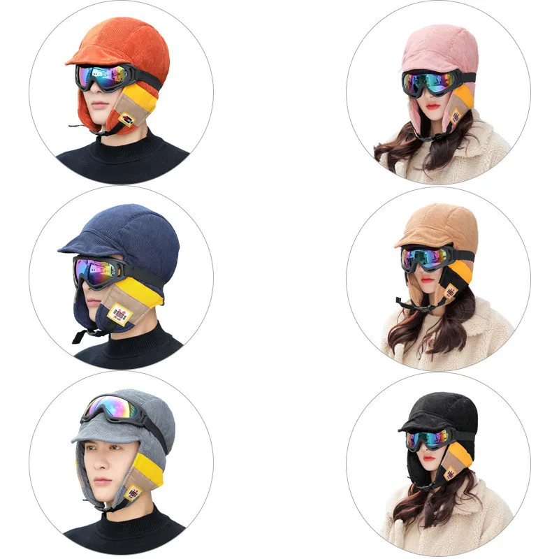 
 Шапка-пилот в стиле ретро, ветрозащитные очки для езды, шапка Lei Feng, Женская утолщенная теплая шапка для защиты ушей на зиму  